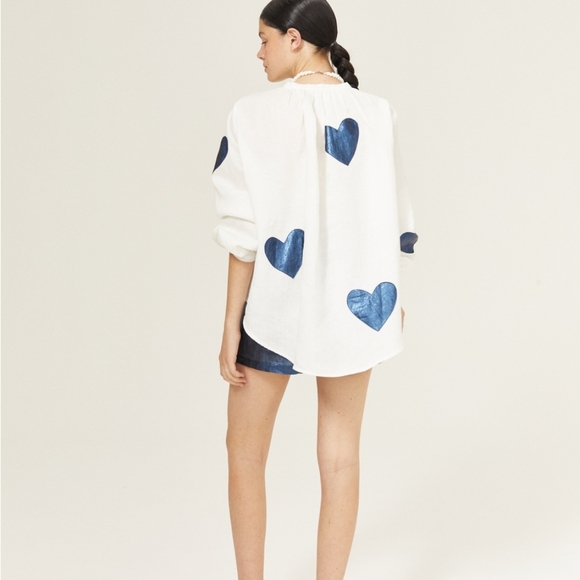 Cupid Linen Shirt - Off-White with Metallic Dark Blue Hearts - Picture 2 of 4